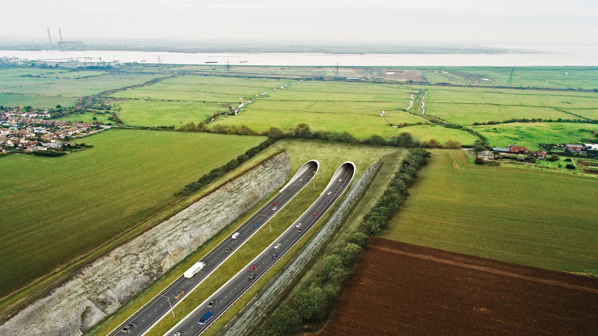 How the proposed Lower Thames Crossing will look, with a bored tunnel between the villages of Chalk and Shorne to Essex