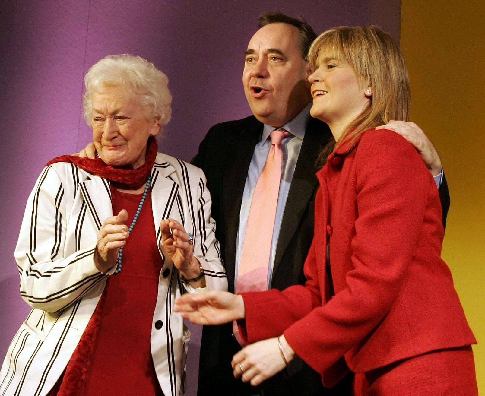 Ms Ewing with former first ministers Alex Salmond and Nicola Sturgeon at a conference in Dundee (Andrew Milligan/PA)