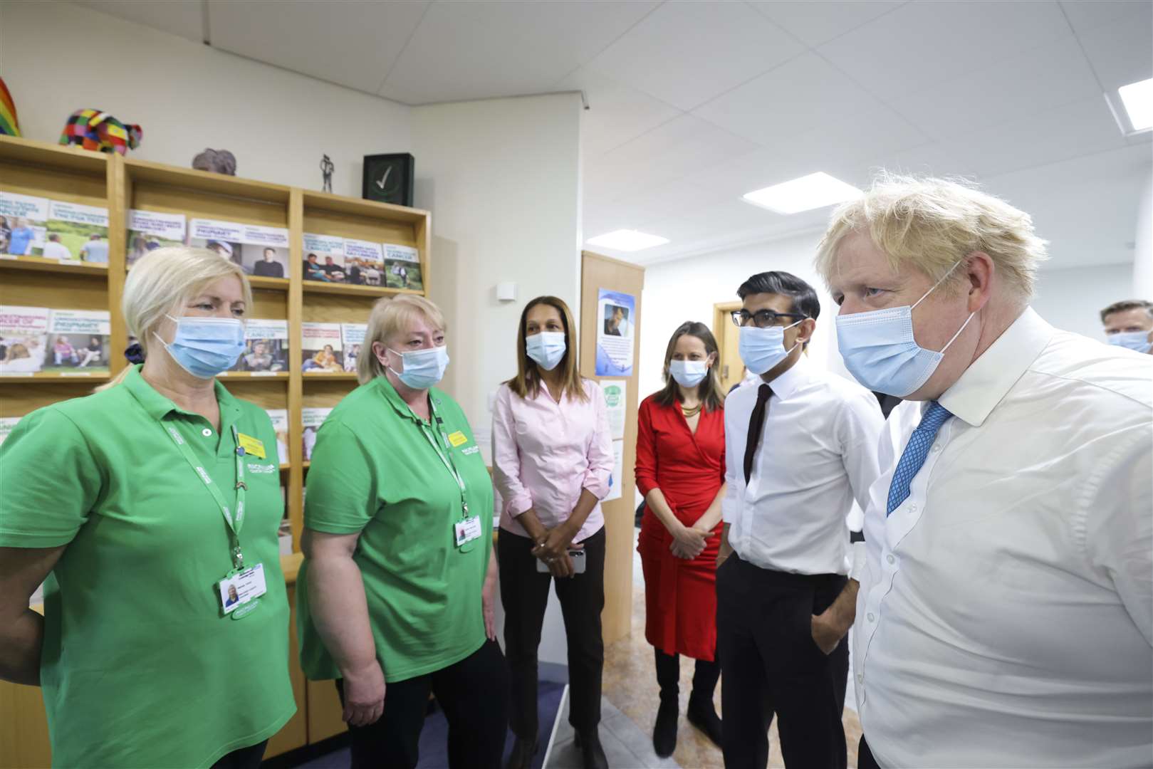 Boris Johnson and Rishi Sunak speak to staff as they visit the Kent Oncology Centre Picture: Andrew Parsons/No 10 Downing Street