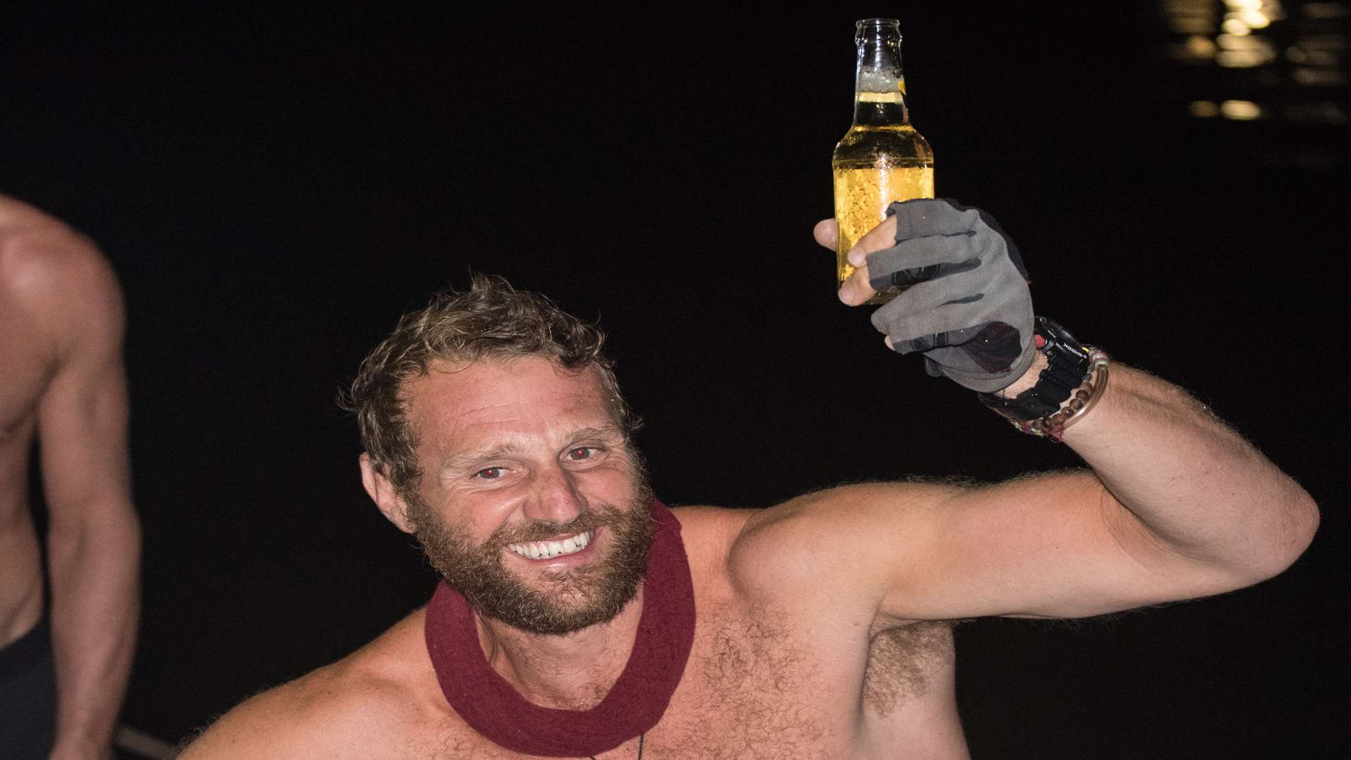 Mathew celebrating on boat Ellida after arriving in Trindad from Venezuela and breaking the record