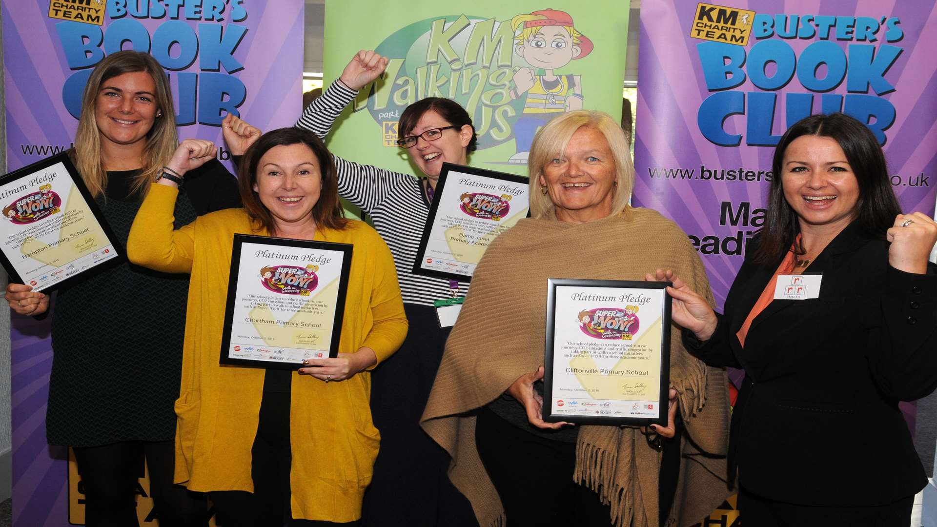 Alison Nightingale from 3Rs teacher recruitment presents green travel Platinum Pledge certificates to school staff from Hampton Primary School, Chartham Primary School, Dame Janet Primary Academy and Cliftonville Primary School. KM Charity Team forum at the Great Danes Hotel Maidstone