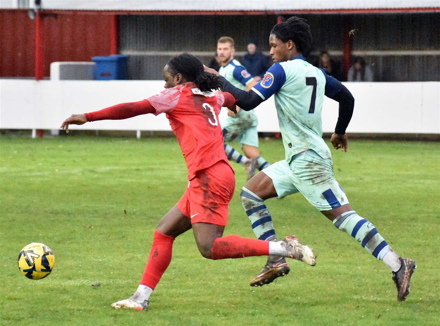 Francis Mampolo, right, on the attack for Tonbridge Angels during their FA Trophy tie at Hythe last weekend. Picture: Randolph File