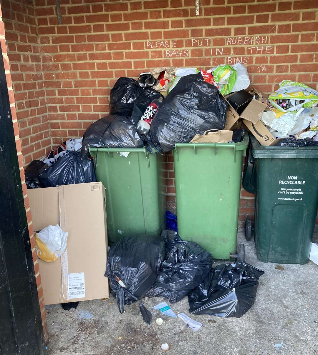 Rubbish is overflowing at a bin store for a block of flats in Shakespeare Road, Temple Hill. Photo: Andy Newman