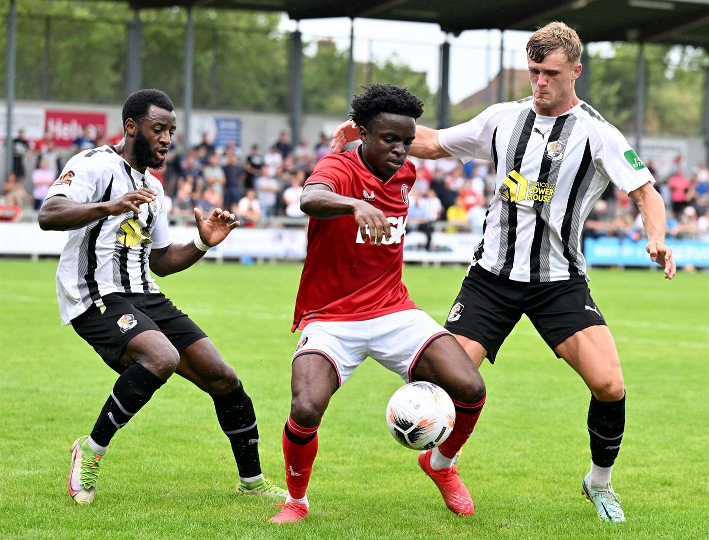 Dartford’s Tommy Block closes down Tyreece Campbell of Charlton during last Saturday’s friendly. Picture: Keith Gillard