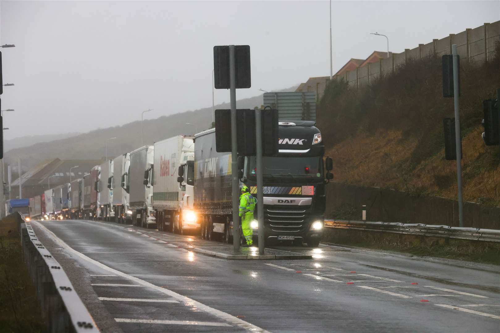 Lorries queue on the A20 as part of Dover TAP. Picture: UKNIP