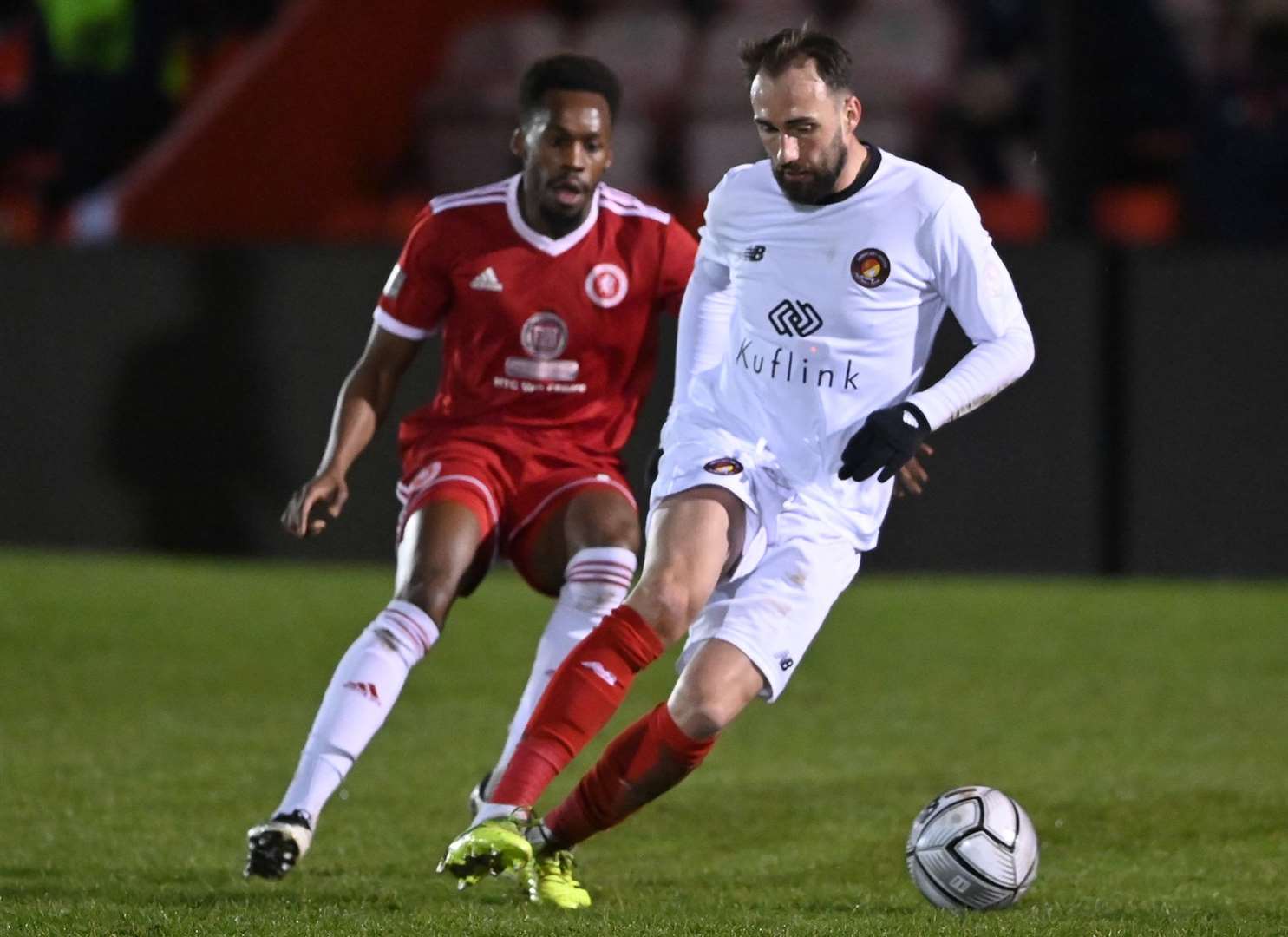 Jack Payne on the ball for Ebbsfleet at Welling on Tuesday night. Picture: Keith Gillard