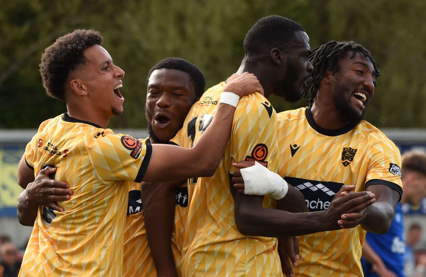 Levi Amantchi, second right, is congratulated by Sol Wanjau-Smith, Chi Ezennolim and Devonte Aransibia after his second goal against Worthing. Picture: Steve Terrell