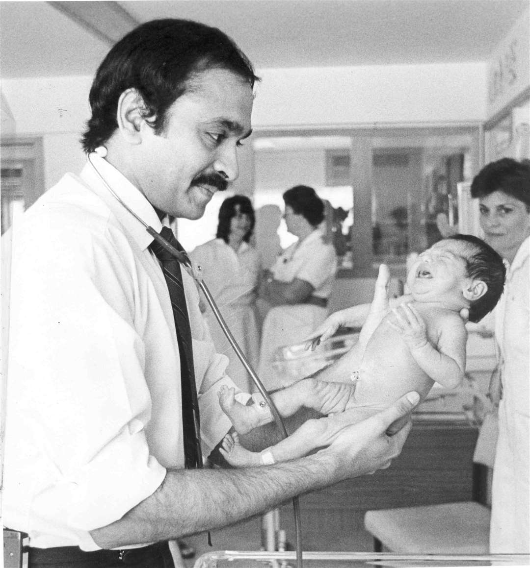 Dr Suja Hafiz is pictured with another newborn baby at All Saint's Hospital, Chatham in 1985. The hospital was a main birthplace for the town's children, with its own special care baby unit until maternity services moved to Medway Maritime. Picture: Images of Medway