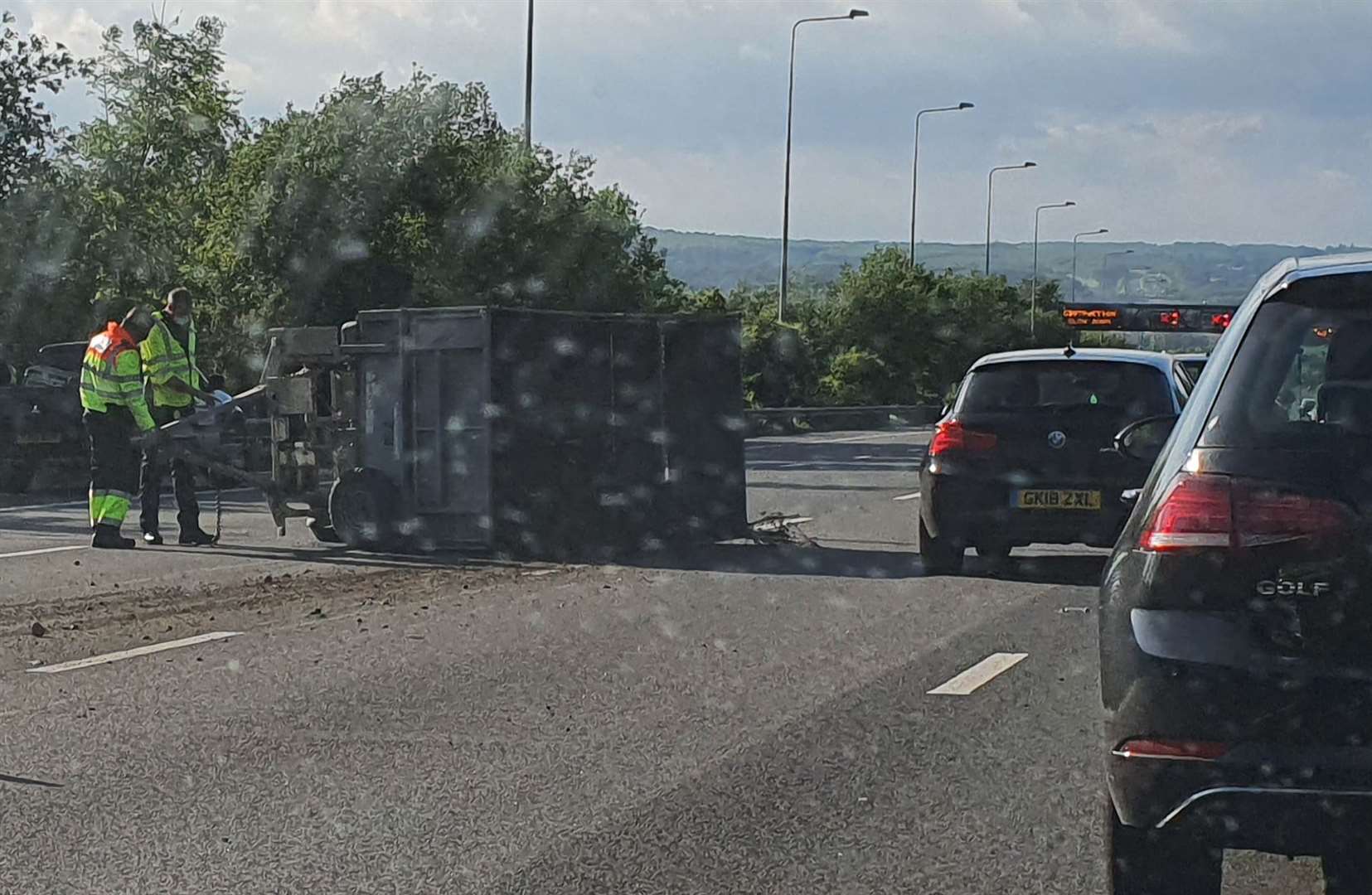 A trailer overturned on the Londonbound M2