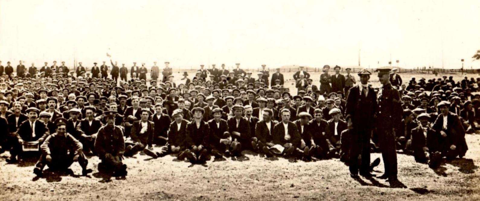 Kitchener recruits on the Great Lines at Chatham at the start of the First World War. So many joined up there were not enough uniforms to go round. I wonder how many of those in the picture survived the war (5295829)