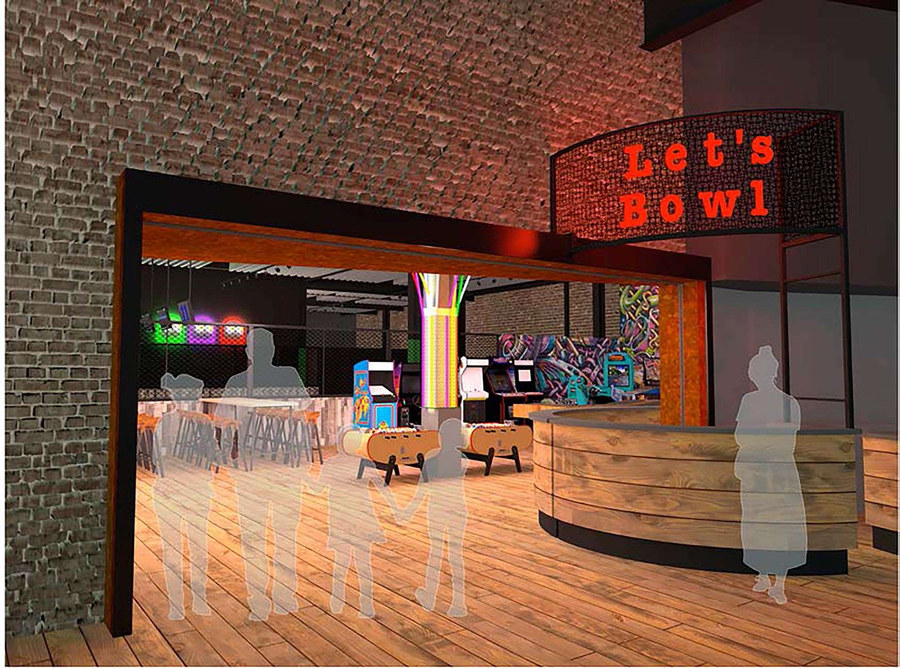CGI pictures showing what the bowling alley entrance could look like