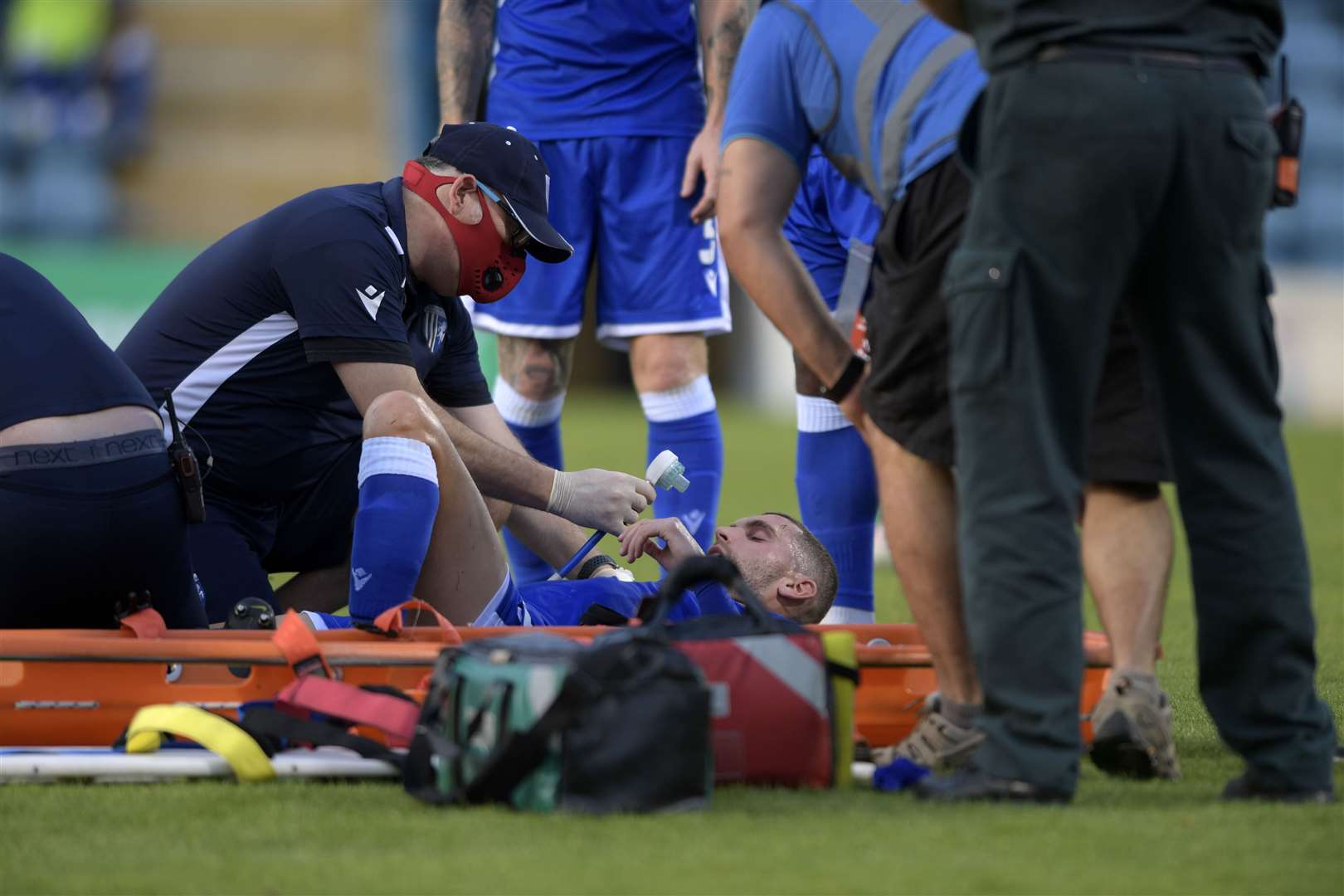 Stuart O'Keefe is stretchered off after a suspected leg break Picture: Barry Goodwin
