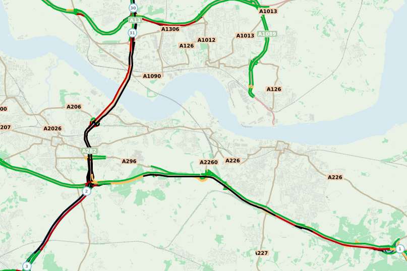 The black lines show non-moving traffic