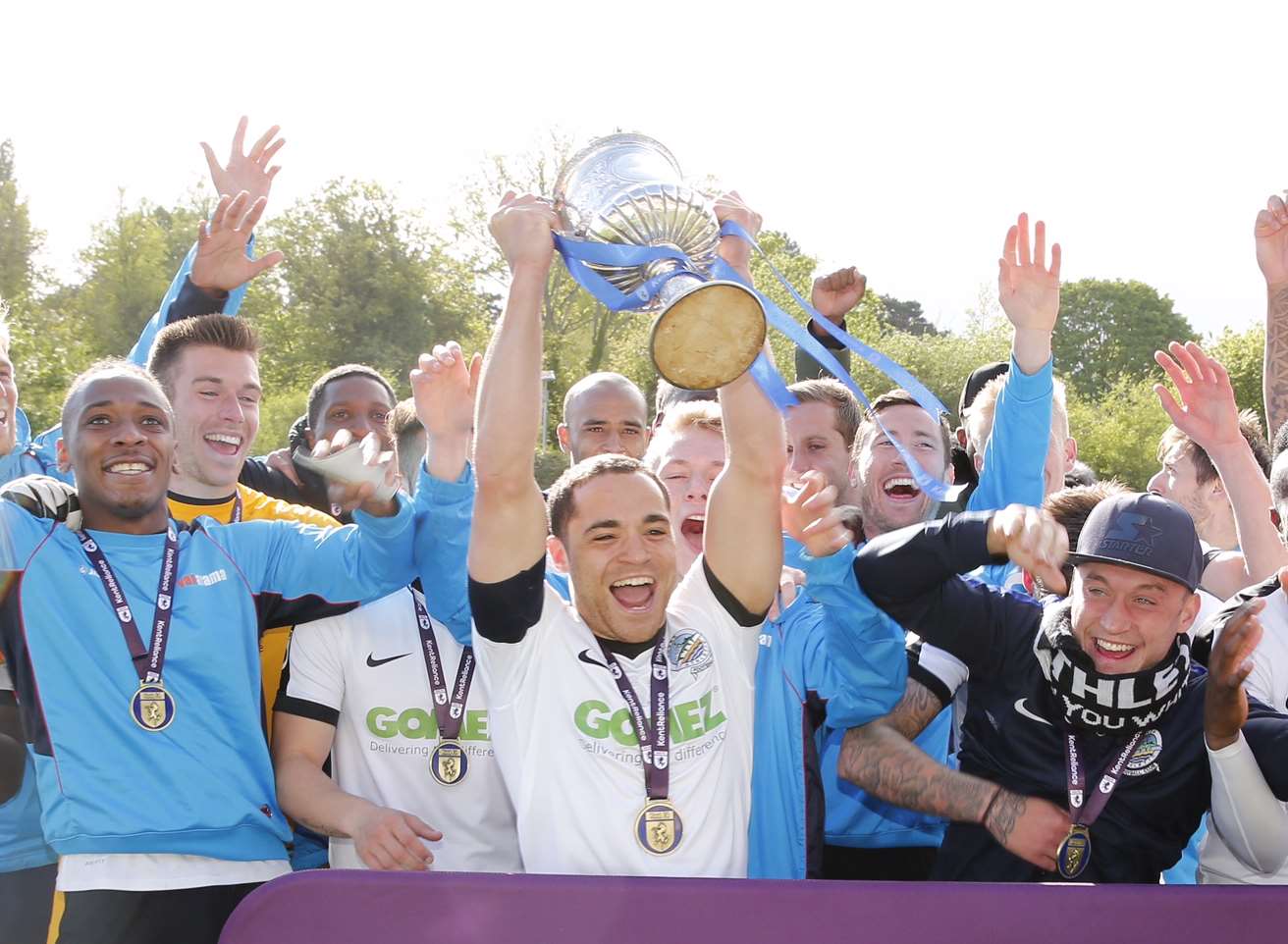 Loui Fazakerley lifts the Kent Senior Cup for Dover Picture: Matthew Walker