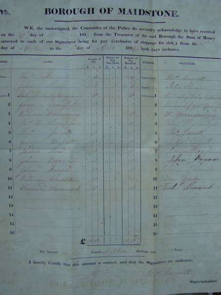 The original police pay list for the Maidstone Station from 1839