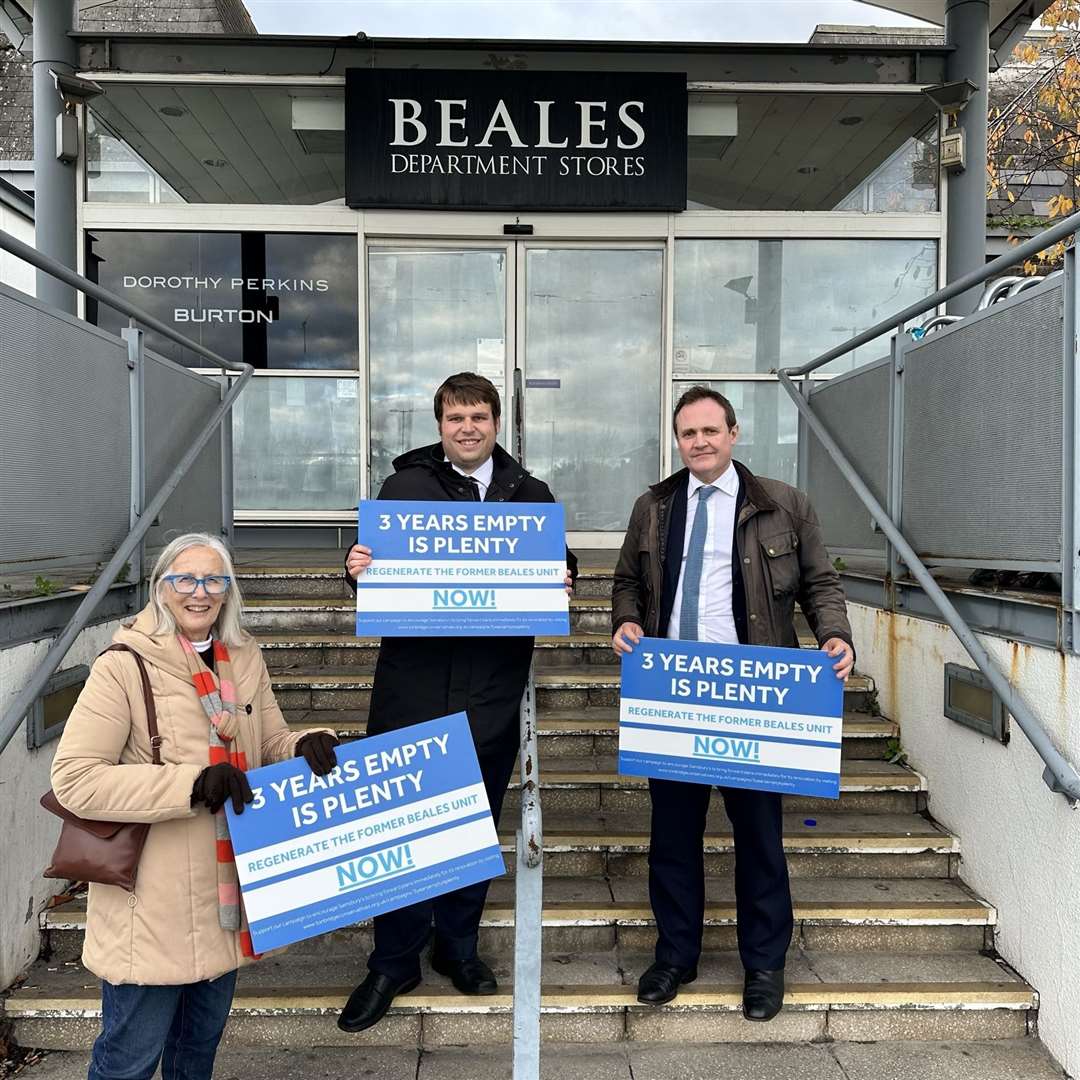 Left to right: Cllr Vivian Branson, Cllr Matt Boughton and Tom Tugendhat are calling for the Beale's site in Angel Centre, Tonbridge, to be rejuvenated