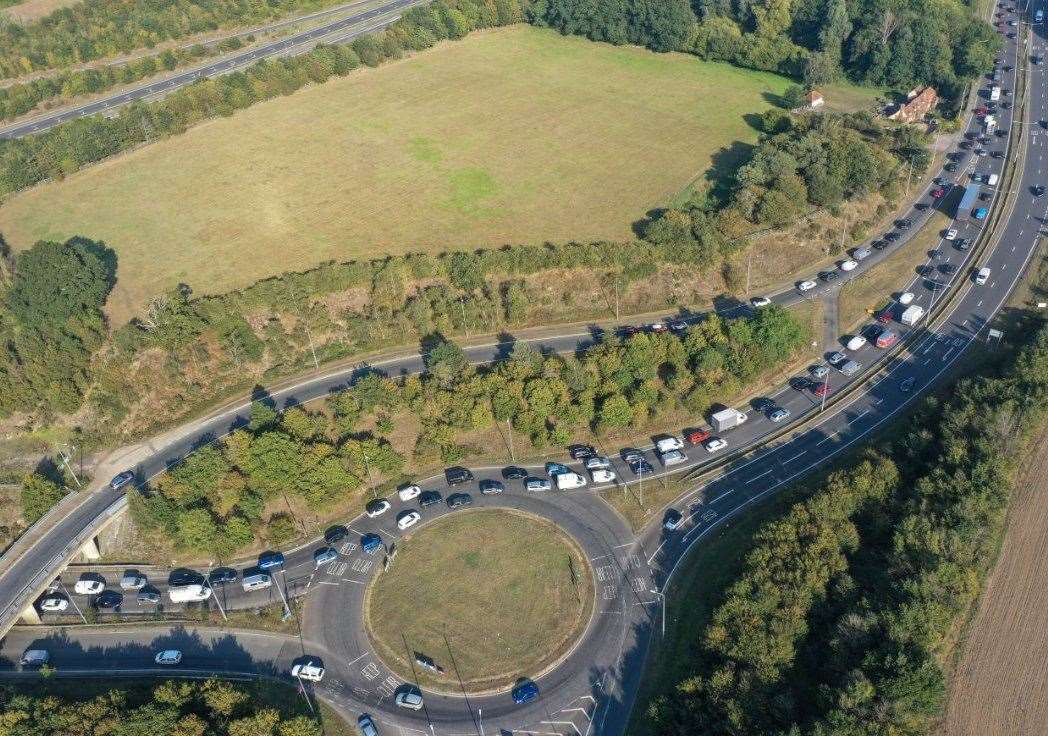 Traffic building on the A20 near Leeds Castle as freight is queued up on the M20 towards Dover between junctions 8 and 9 as a result of the search for Daniel Abed Khalife