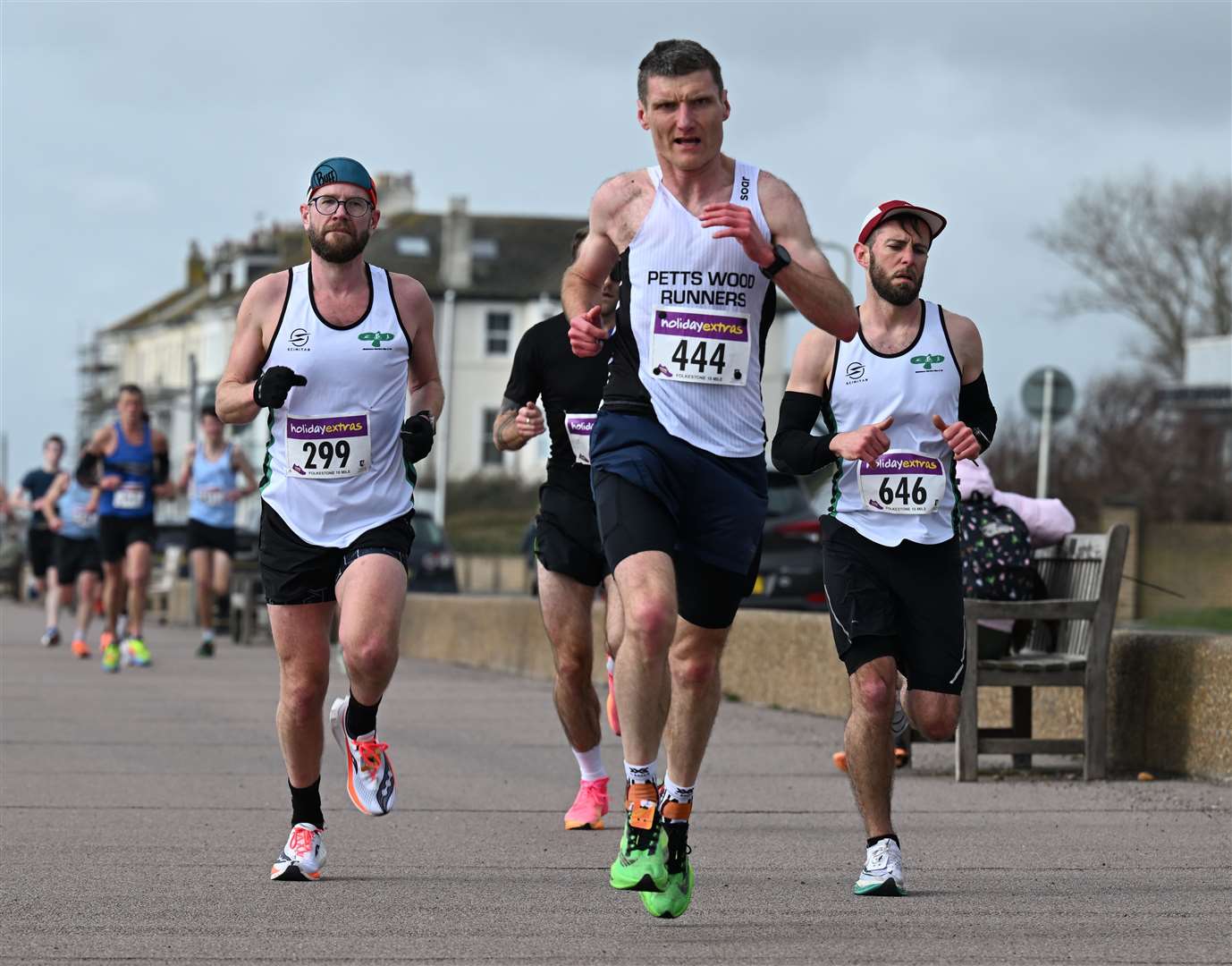 Petts Wood Runners' Dean Lenihan (No.444) runs with Damien Gregory (No.299) and Lee Sander-King (No.646), both of Maidstone Harriers. Picture: Barry Goodwin