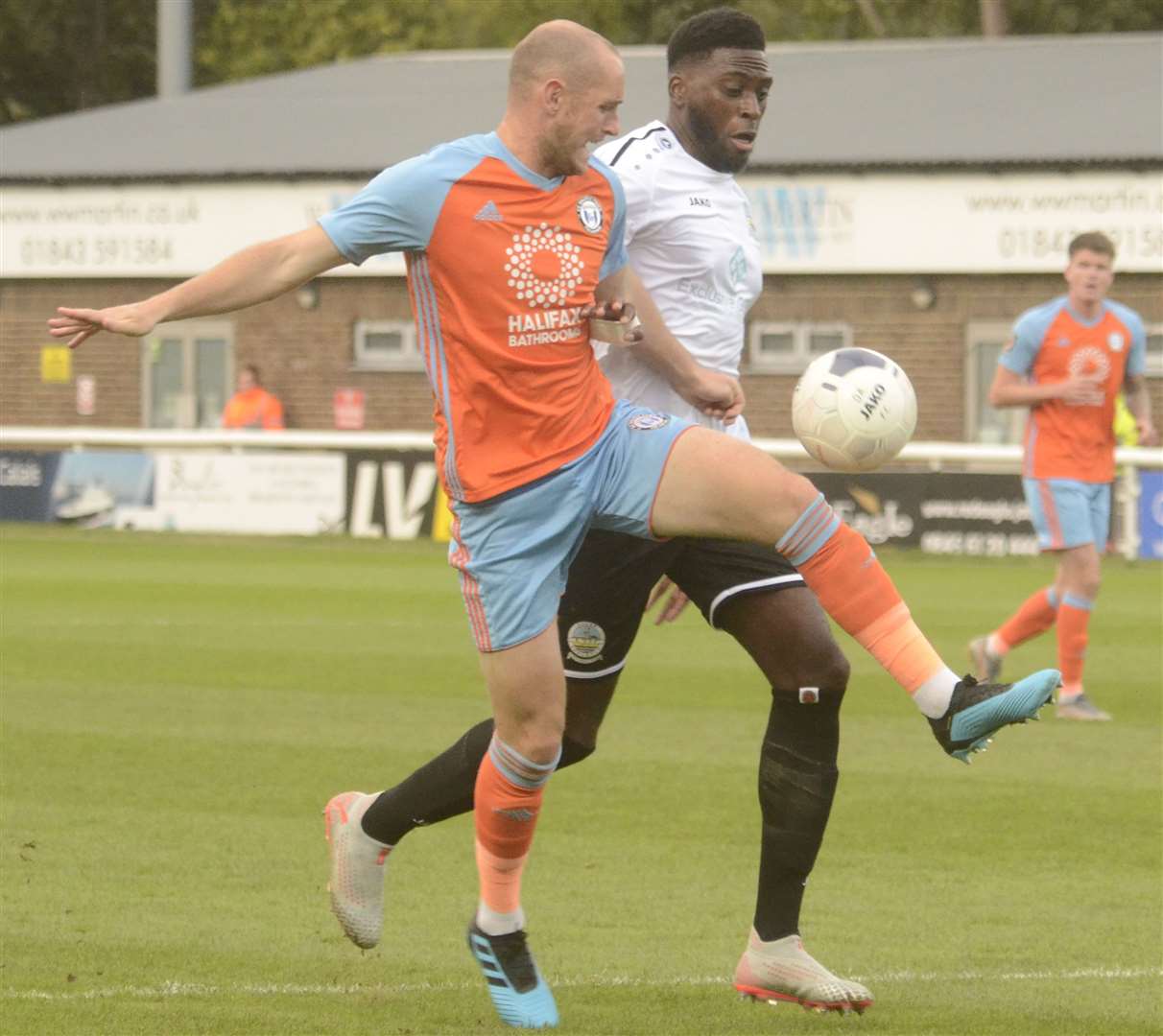 Dover's Inih Effiong puts in a challenge against FC Halifax Picture:Chris Davey.