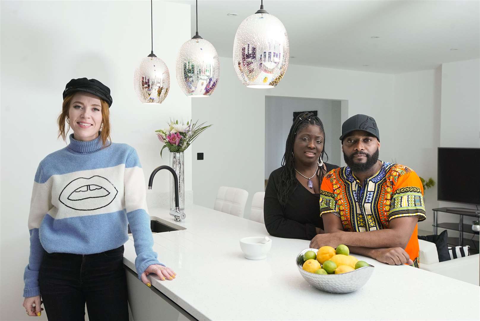 Host Angela Scanlon with Steven and Shelley loving their new home in the first episode of the new series of Your Home Made Perfect. Picture: BBC/Remarkable TV