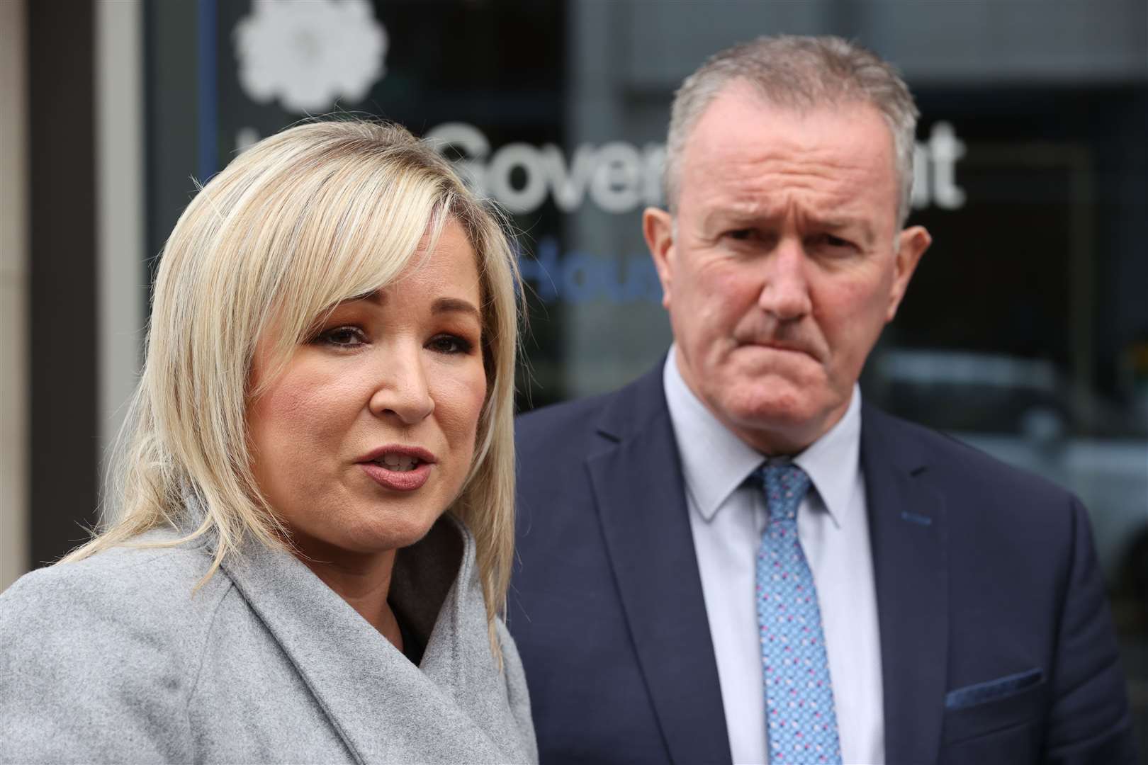 Sinn Fein vice president Michelle O’Neill and party colleague Conor Murphy speaking to the media after meeting Northern Ireland Secretary Chris Heaton-Harris (Liam McBurney/PA)