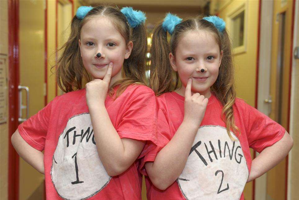 Amy, 8, left, and Maddie, 8, Thing 1 and Thing 2. Dressing up for World Book Day at Riverside Primary School, Rainham.