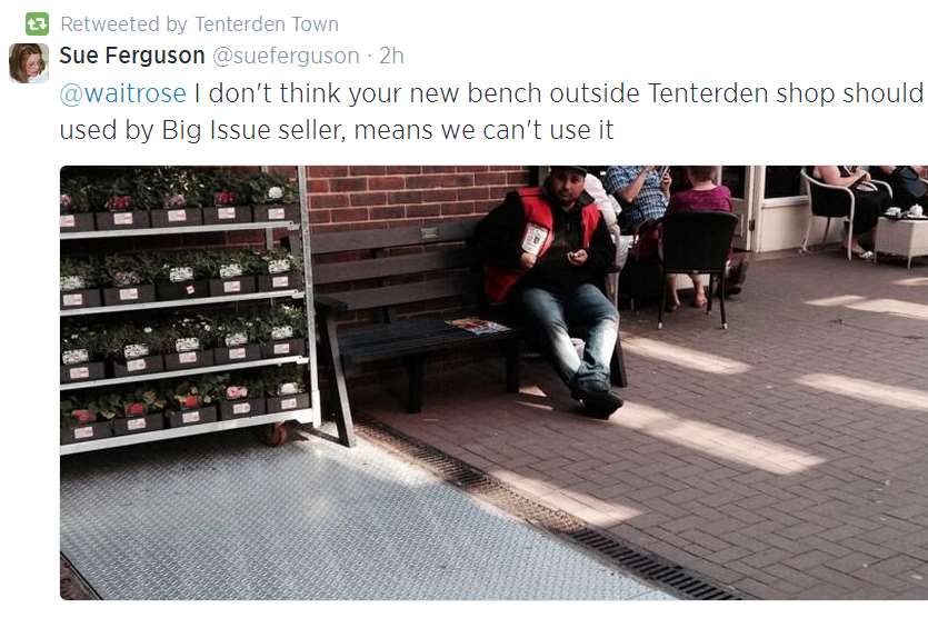 Sue Ferguson posted a picture of the Big Issue seller outside Waitrose in Tenterden on Twitter