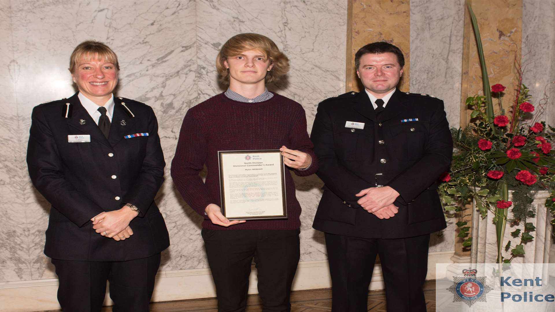 Myles Wenham with Assistant Chief Constable Jo Shiner and Chief Superintendent Tim Smith