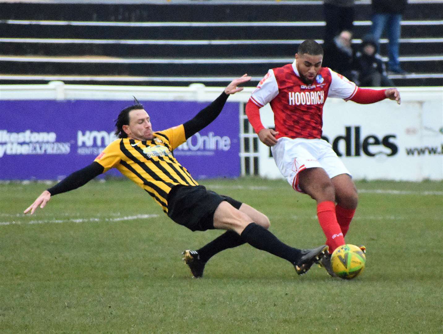 Folkestone's Ryan Johnson gets stuck in during their 1-0 win over Wingate & Finchley on Saturday. All pictures: Randolph File