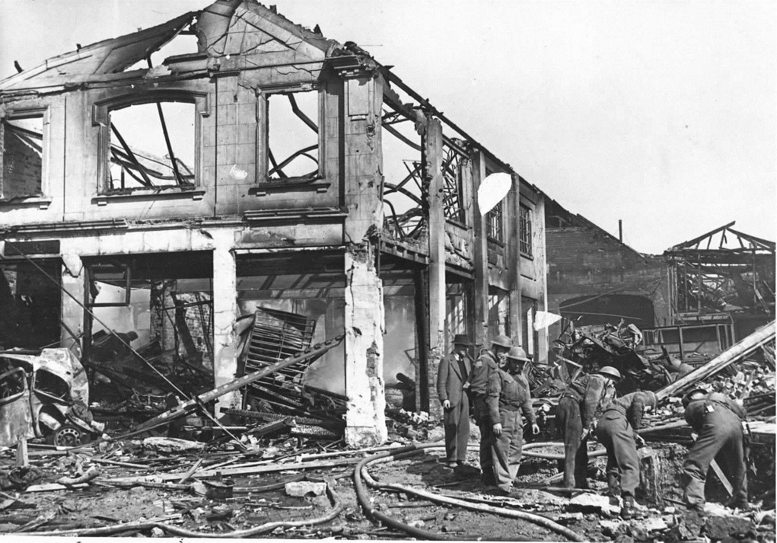 The wreckage of Haywards Garage in New Street after the daylight raid. Two people here were killed
