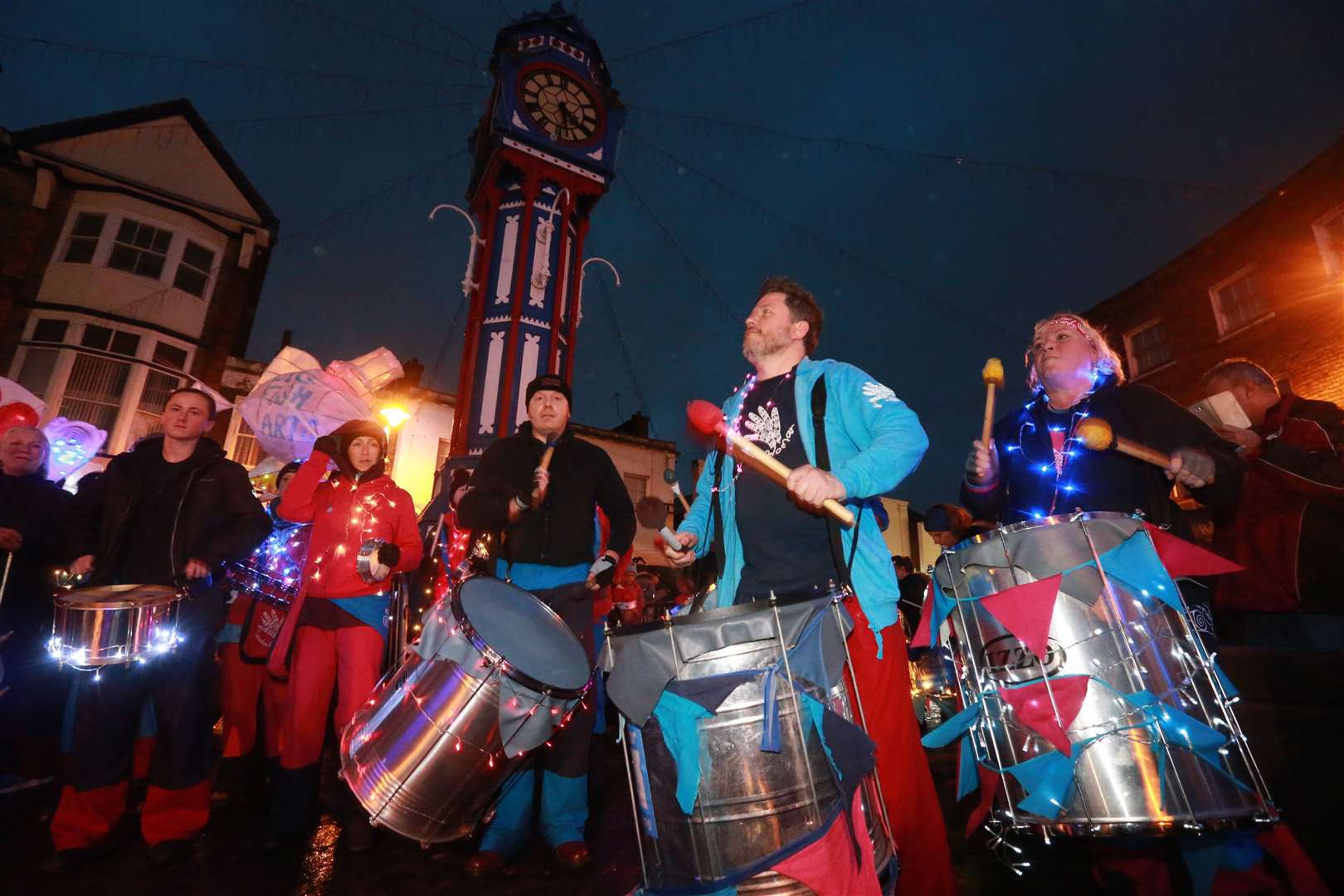 Members of the Samba band on the lantern parade at the Christmas Lights Switch on in Sheerness. Picture by: John Westhrop