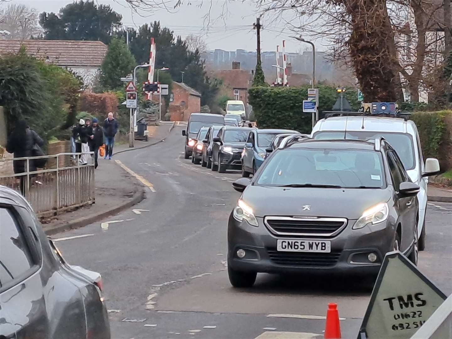 Motorists queuing at traffic lights in Broad Oak Road, Canterbury, this morning