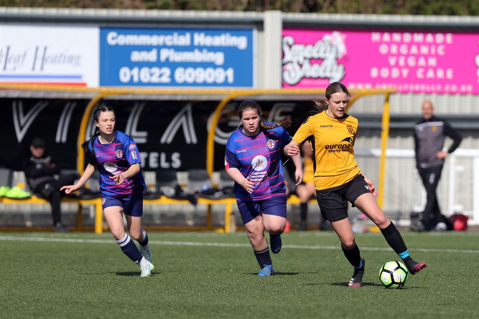 The Kent Merit Under-16 girls cup final saw Maidstone United (amber) defeated by Danson Sports. Picture: PSP Images