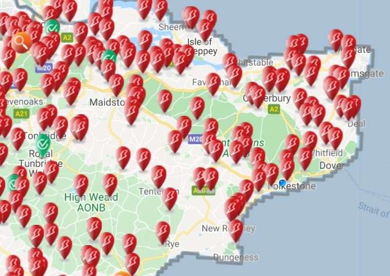 There are still hundreds of people affected by power cuts across Kent, according to the UK Power Networks live map. Picture: UKPN