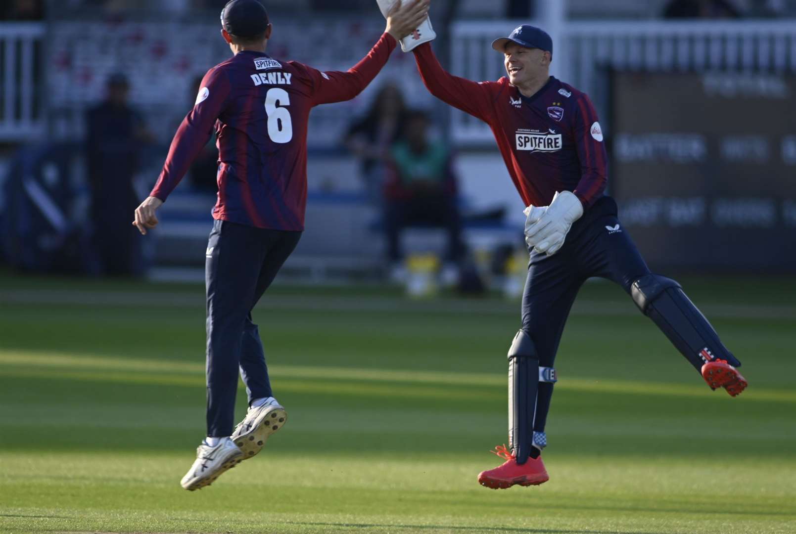 Joe Denly and Sam Billings celebrate another wicket. Picture: Barry Goodwin