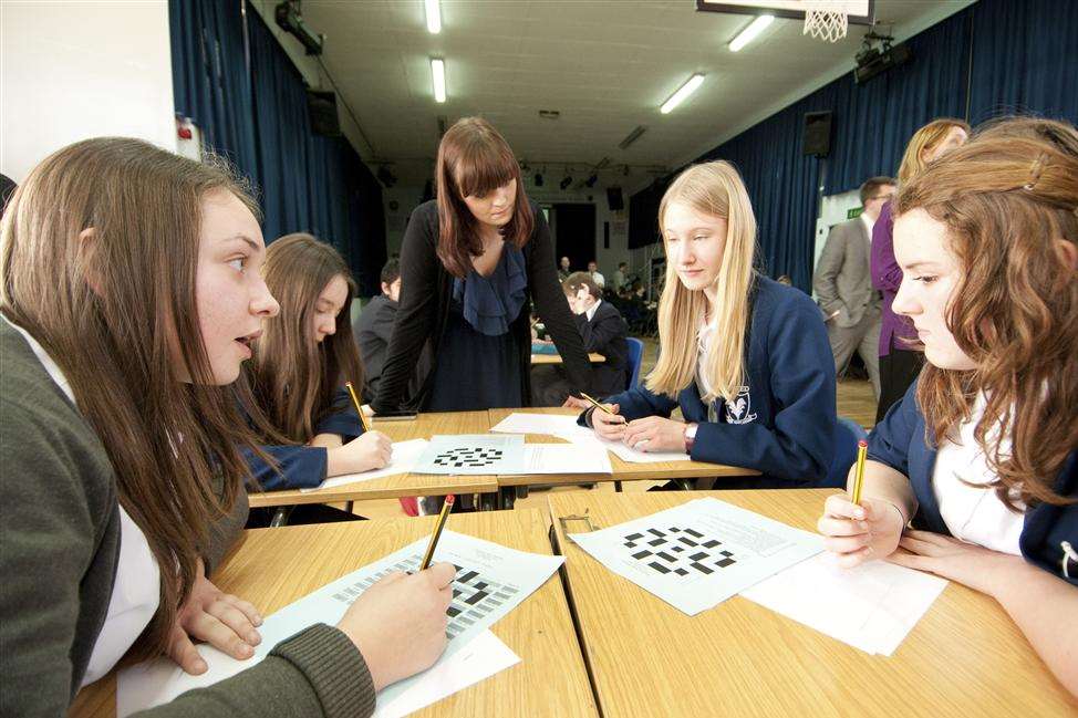 Highsted Grammar School studnets Amy Moore, 14, Cerys Demomme, 14, Masha Tretjakova, 13, Erin Hutton, 13, and Emily Miller, 16, taking part in the maths challenge