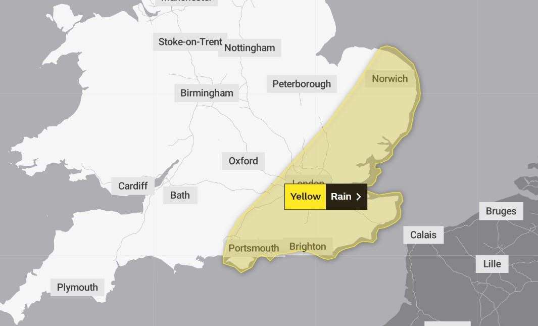 A yellow warning for heavy rain has been enforced across Kent. Picture: The Met Office