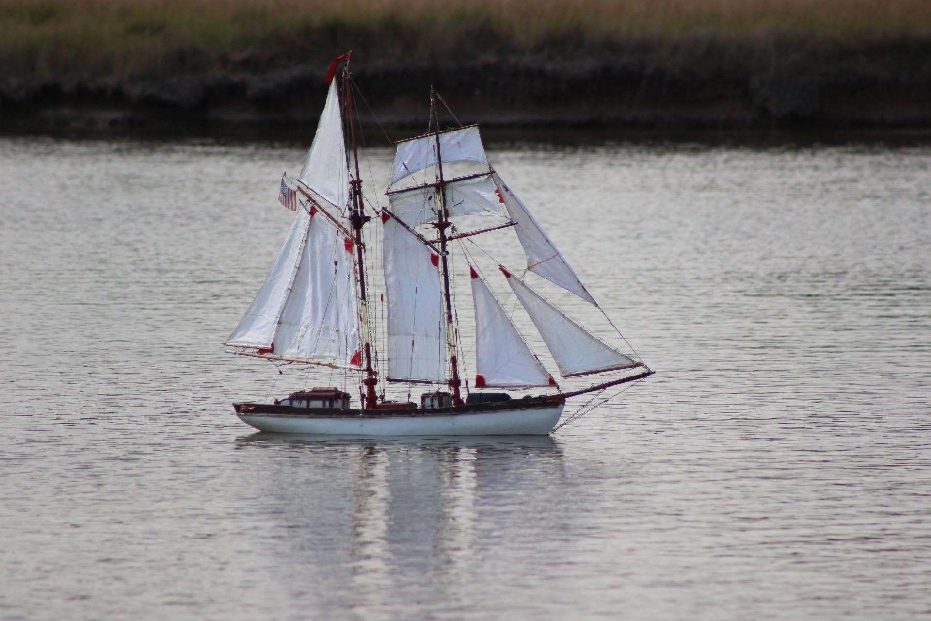 Andrew Kennedy, 77, from Chatham, sailing his father's model schooner ont he boating lake at Barton's Point Coastal Park, Sheerness, Sheppey (14672964)