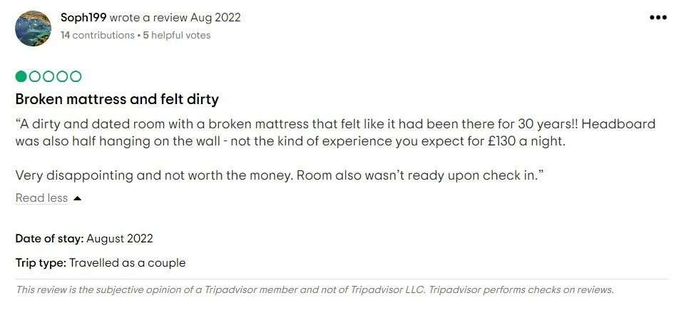 A TripAdvisor review in August complaining about a broken mattress on a bed.  Picture: TripAdvisor