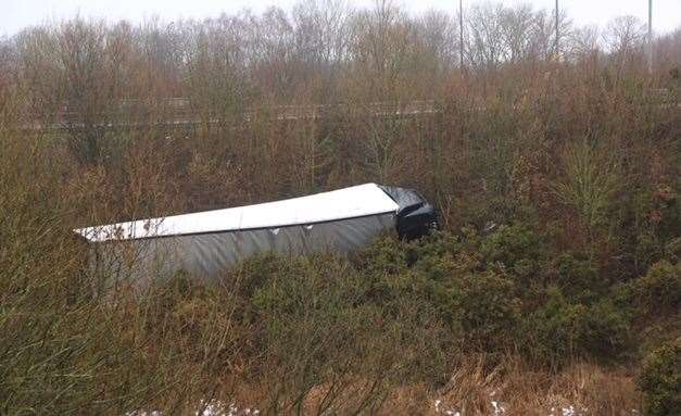 The lorry left the A229 and ended up buried in undergrowth at the top of Blue Bell Hill. Picture: Mike Mahoney