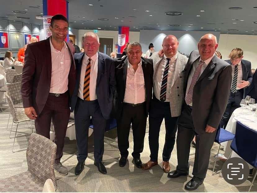Terry Harris (second left), Hakan Hayrettin (centre) and John Still (far right) at Wembley for Luton's play-off final victory. Picture: Facebook