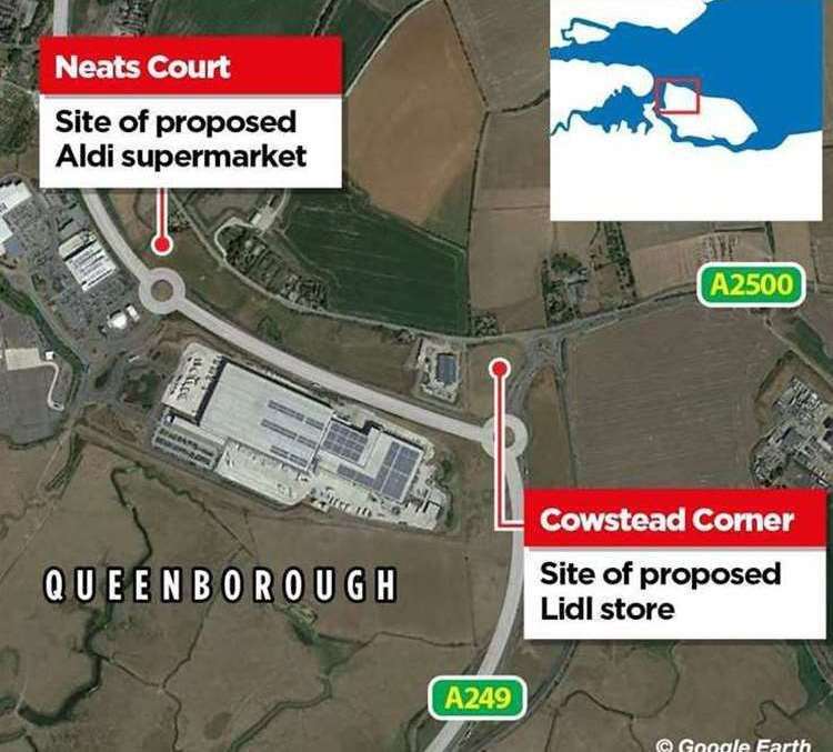 The location of the proposed Lidl, near Cowstead Corner, and the Aldi, at Neats Court