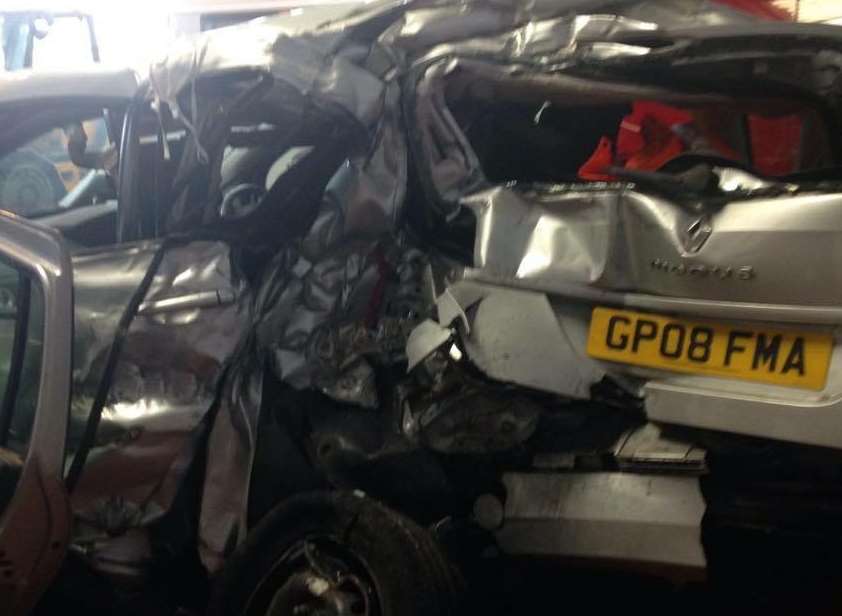 The mangled wreckage of Keith's car, which was hit by a lorry on the A249