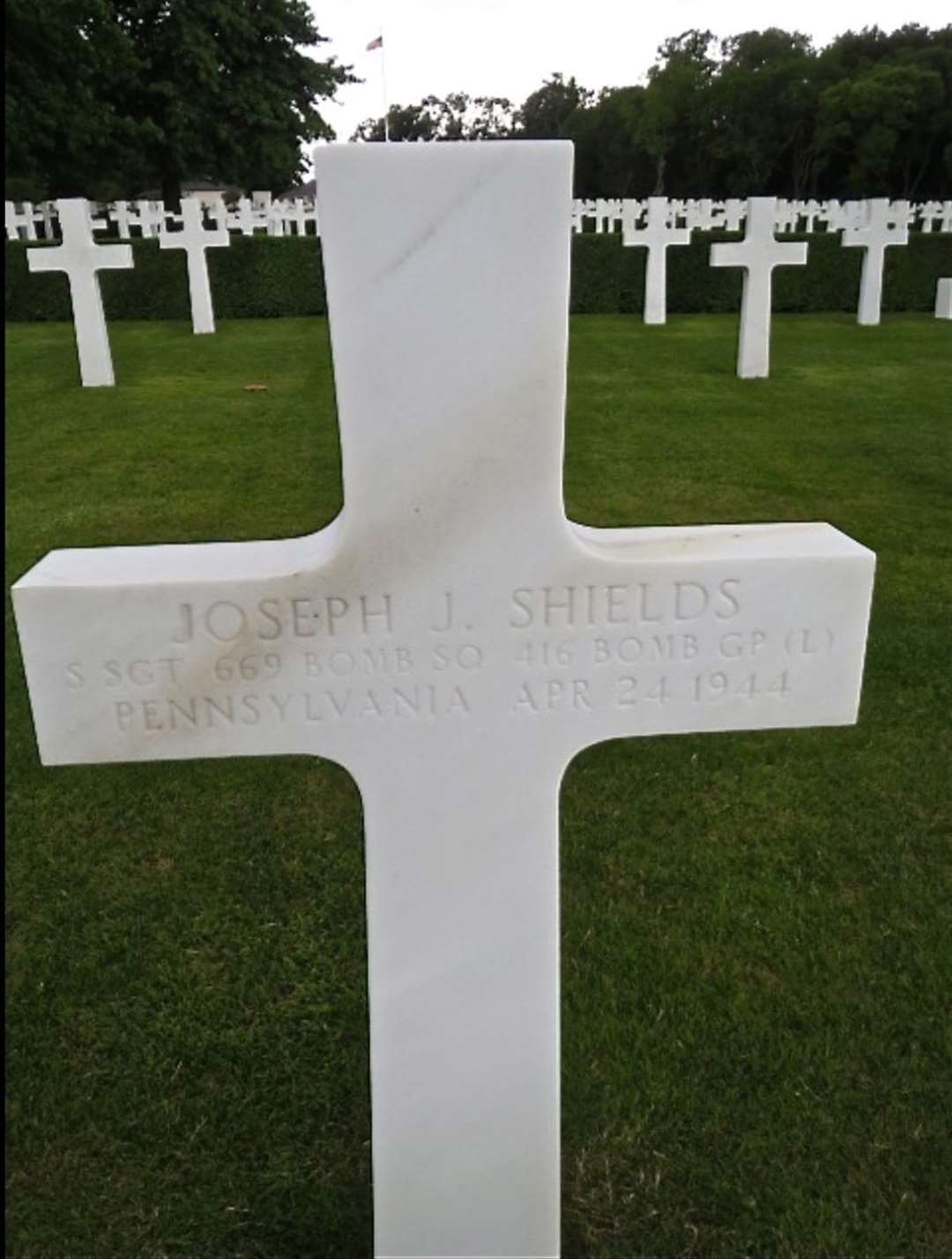 A second member of the American aircrew, Joseph Shields, who died in the A20 crash is buried at the US military cemetery in Cambridge