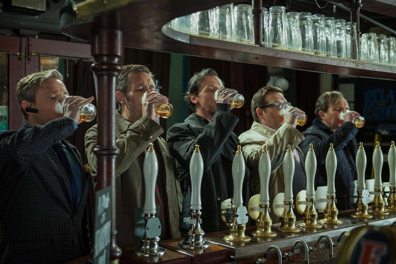 Martin Freeman as Oliver, Paddy Considine as Steven, Simon Pegg as Gary King, Nick Frost as Andrew Knightley and Eddie Marsan as Peter, in The World's End. Picture: PA Photo/UPI Media.