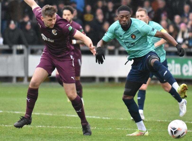 Rakish Bingham on the ball for Ebbsfleet at Dartford. Picture: Ed Miller/EUFC