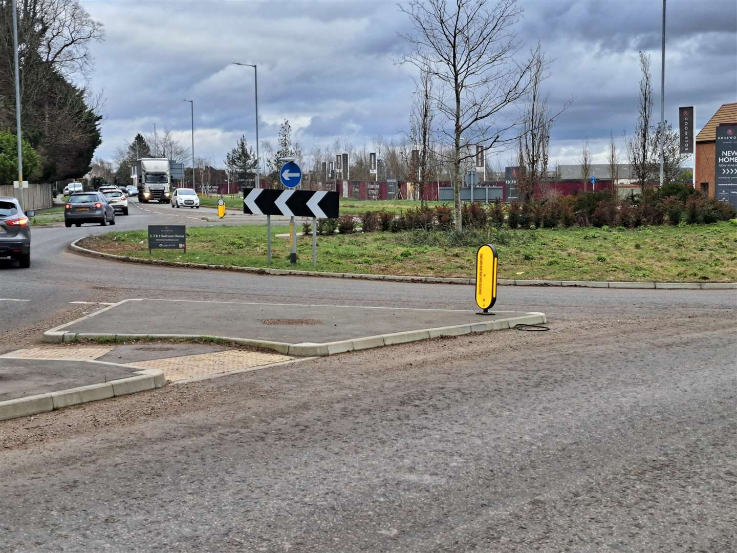The roundabout on Sutton Road giving access to the Rosewood development, down for a 30mph limit