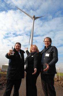 Gordon Henderson MP, Sarah Coccia, Governor of Eastchurch Prison and Stephen Ainger, CEO of Partnerships for Renewables at the 'Switch-On' of the two wind turbines