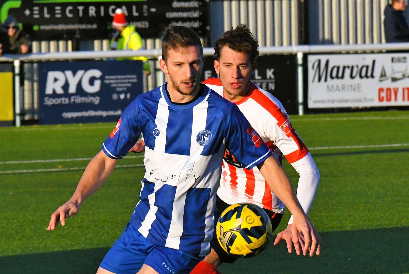 One of Herne Bay’s scorers, Kane Rowland, takes possession for his team. Picture: Marc Richards