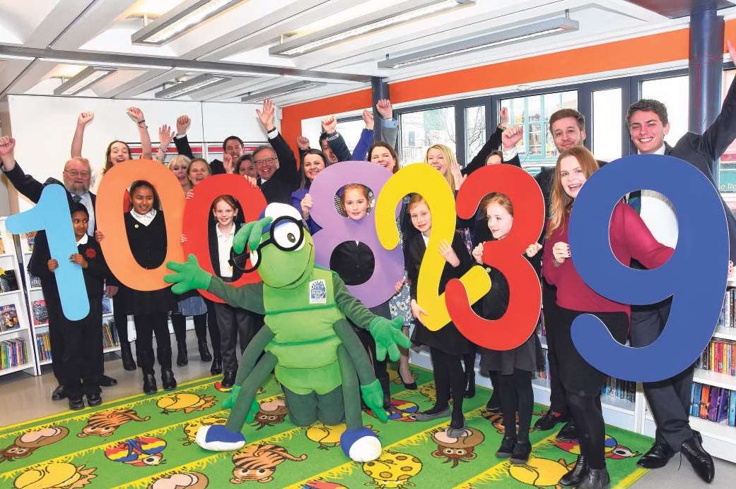 KM Charity Team literacy key partners, KM Charity Team trustees and Whitstable Junior School pupils celebrate becoming Reading Millionaires after accumulating 1,008,239 minutes of reading this academic year so far.